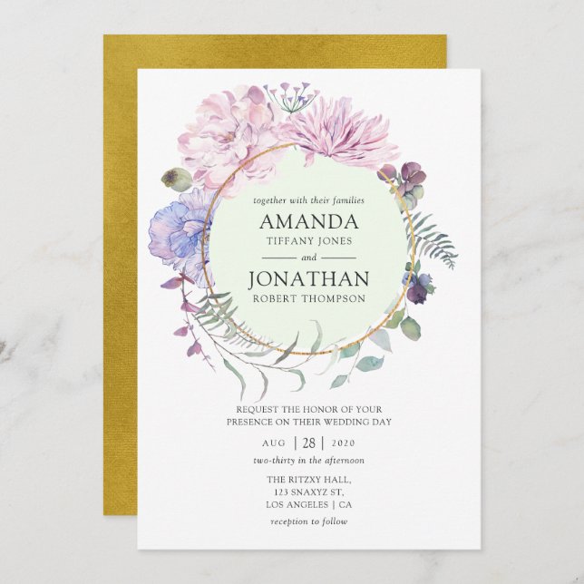 Gold Geometric Peonies Floral Wedding Invitation (Front/Back)