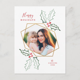 Gold Geometric Photo Watercolor Holly Christmas Postcard