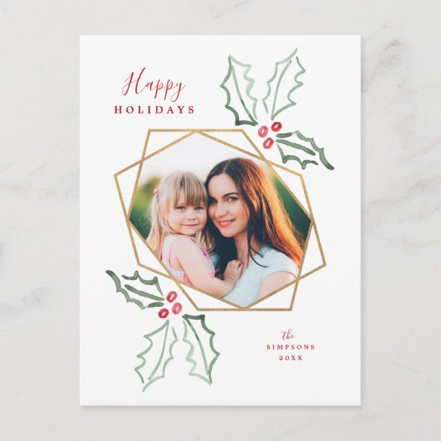 Gold Geometric Photo Watercolor Holly Christmas Postcard (Front)