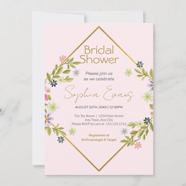 Gold Geometric Pink Floral Bridal Shower Invitation (Front)