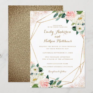 Gold Geometric Pink Floral Wedding Invitation