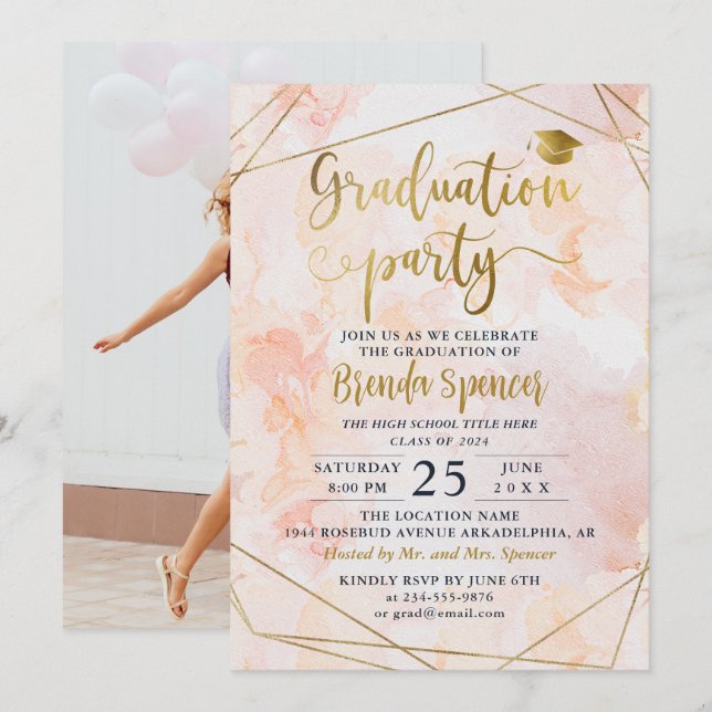 Gold Geometric Pink Watercolor Photo Graduation Invitation (Front/Back)