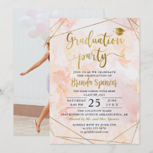 Gold Geometric Pink Watercolor Photo Graduation Invitation