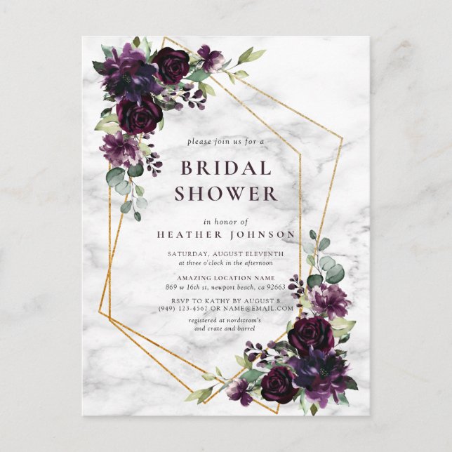 Gold Geometric Plum Purple Floral Bridal Shower Announcement Postcard (Front)