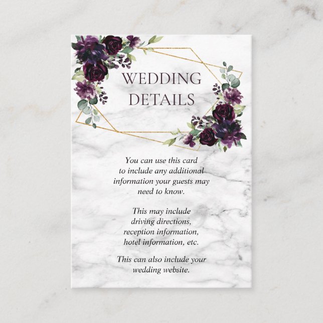 Gold Geometric Plum Purple Marble Wedding Details Enclosure Card (Front)
