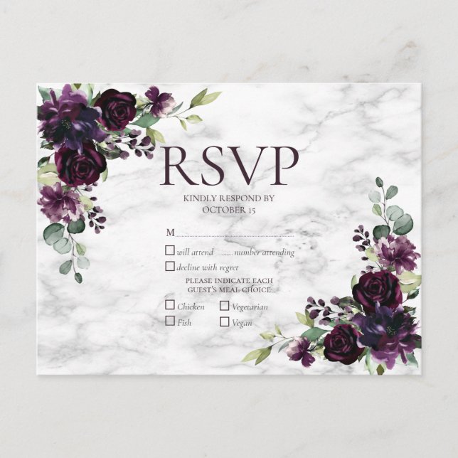 Gold Geometric Plum Purple Marble Wedding RSVP Invitation Postcard (Front)