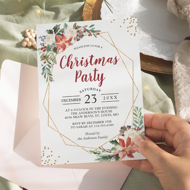 Gold Geometric Poinsettia Floral Christmas Party Invitation (Creator Uploaded)