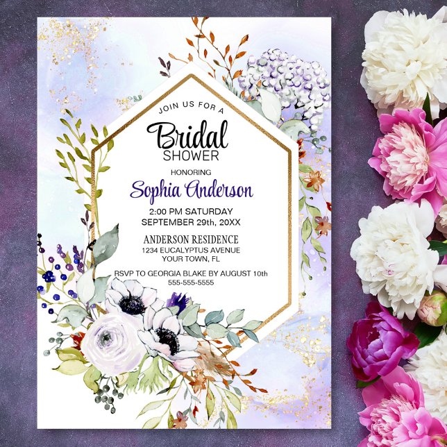 Gold Geometric Purple Floral Bridal Shower Invitation (Creator Uploaded)