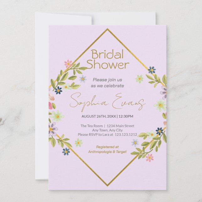 Gold Geometric Purple Floral Bridal Shower Invitation (Front)