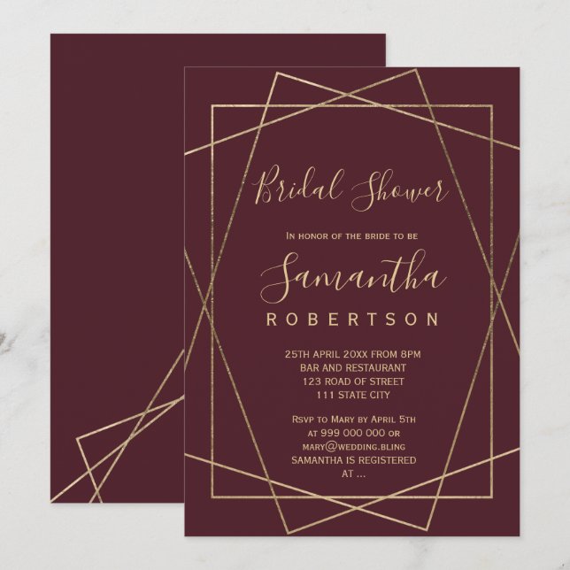 gold geometric red burgundy bridal shower invitation (Front/Back)