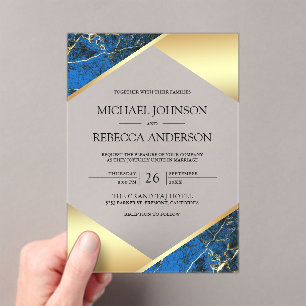 Gold Geometric Royal Blue Marble Wedding Acrylic Invitations