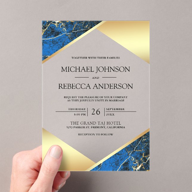 Gold Geometric Royal Blue Marble Wedding Acrylic Invitations (Insitu (Handheld))