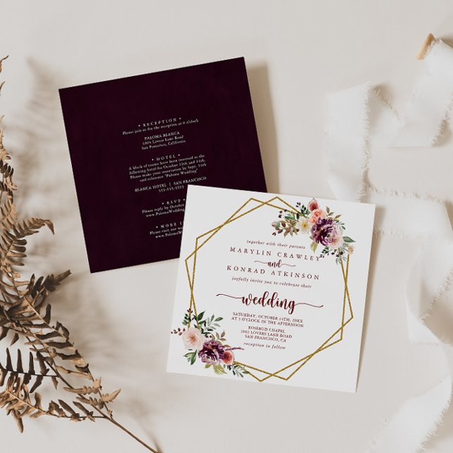 Gold Geometric Rustic Floral Front & Back Wedding  Invitation (Creator Uploaded)