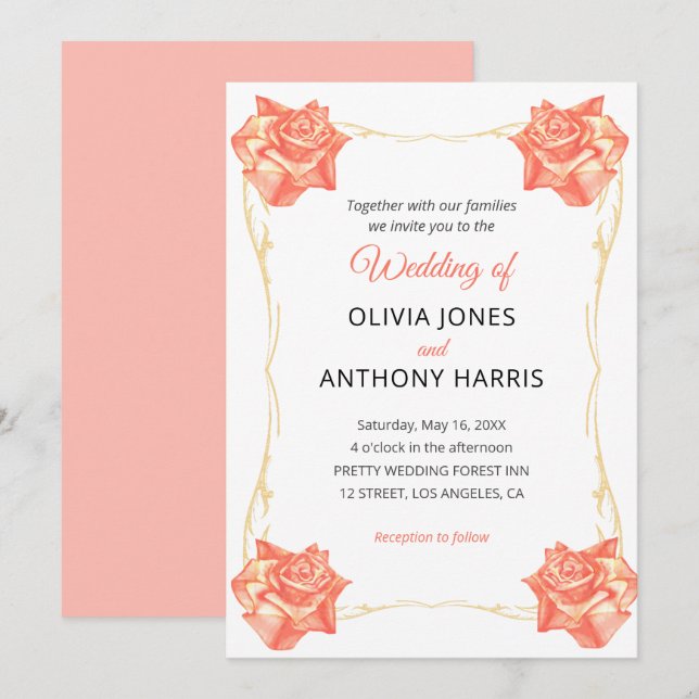 Gold Geometric Rustic Pastel Rose Floral Wedding  Invitation (Front/Back)