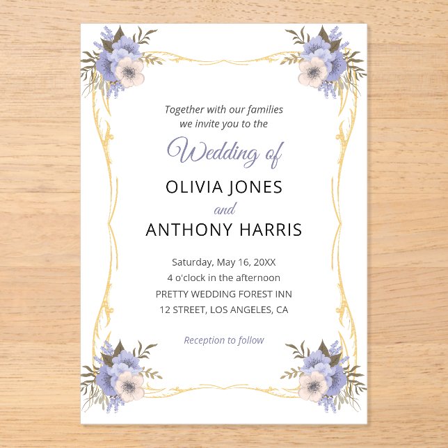 Gold Geometric Rustic Purple Floral Wedding  Acrylic Invitations (Front)