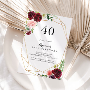 Gold Geometric Spring Floral 40th Birthday Party Invitation