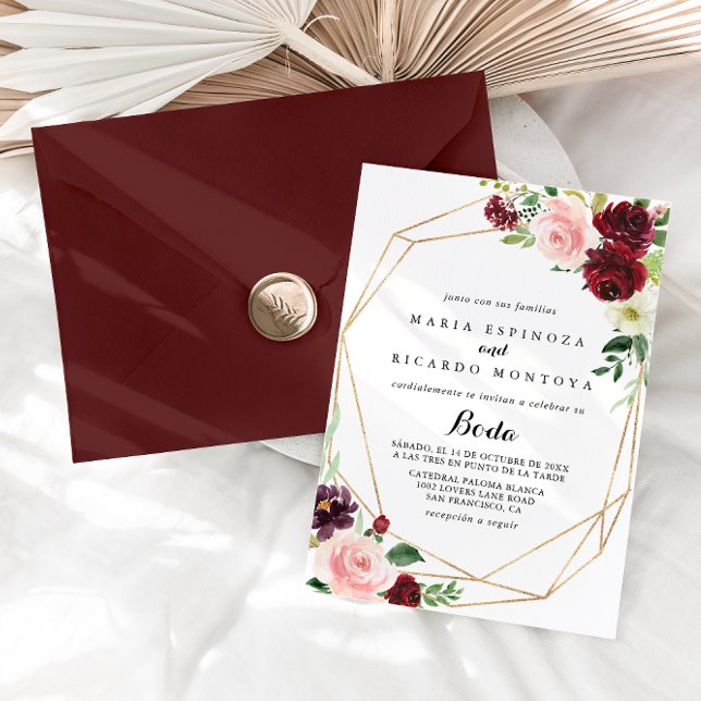 Gold Geometric  Spring Floral Spanish Wedding Invitation (Creator Uploaded)