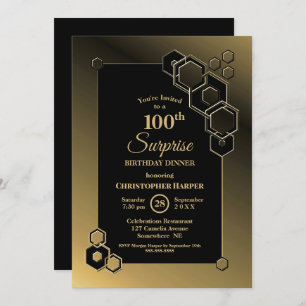 Gold Geometric Surprise 100th Birthday Dinner Invitation