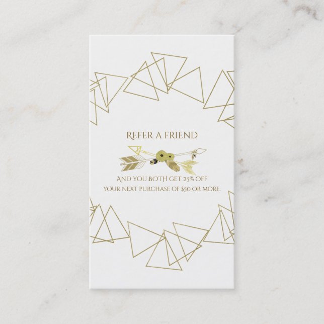 Gold Geometric Triangles Modern Boho Refer Friend Referral Card (Front)
