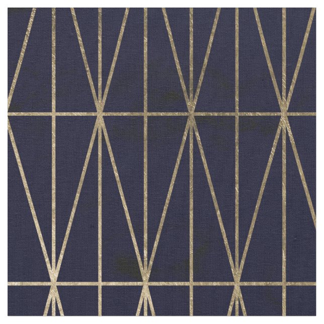 Gold geometric triangles navy blue watercolor fabric (Close Up)