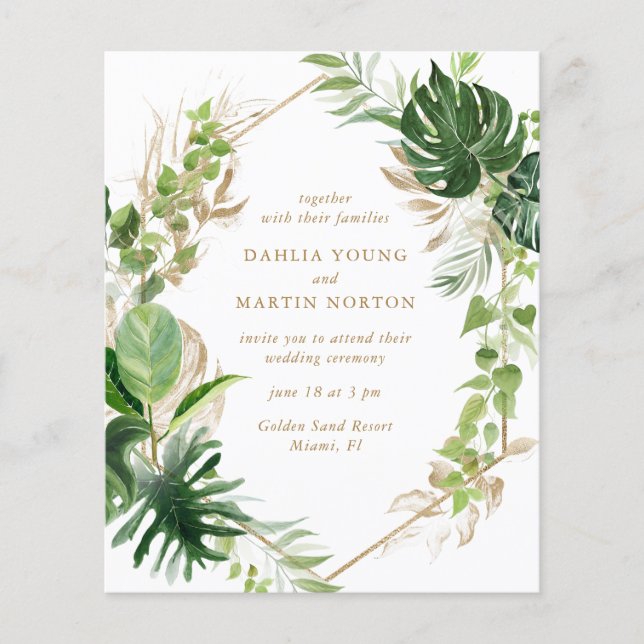 Gold Geometric Tropical Budget Wedding Invitation (Front)