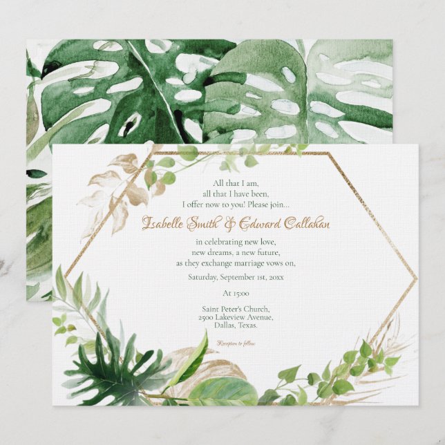Gold Geometric Tropical Green Palm Leaves Wedding Invitation (Front/Back)