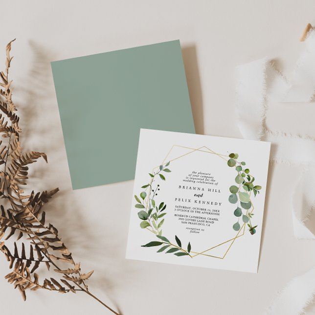 Gold Geometric Tropical Greenery Diamond Wedding Invitation (Creator Uploaded)