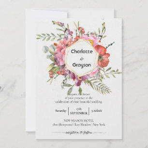 Gold Geometric   Violet Floral Bouquet Wedding Invitation