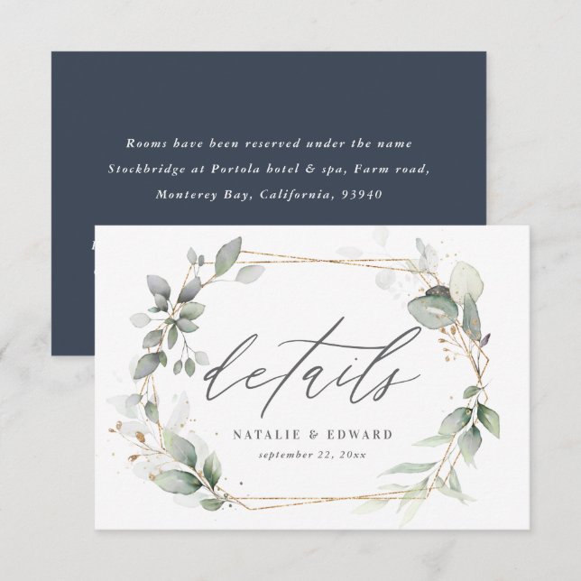 gold geometric watercolor floral wedding details RSVP card (Front/Back)