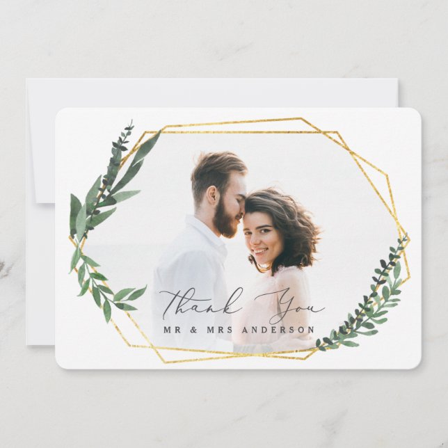 gold geometric watercolor foliage thank you card (Front)