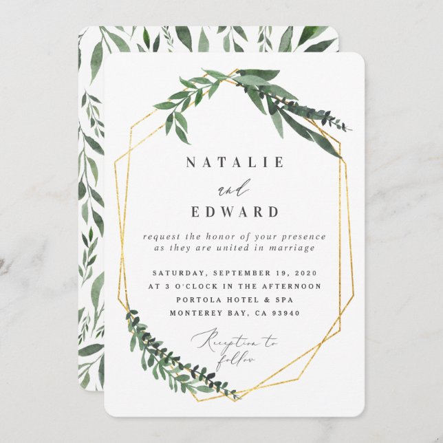 gold geometric watercolor greenery invitation (Front/Back)
