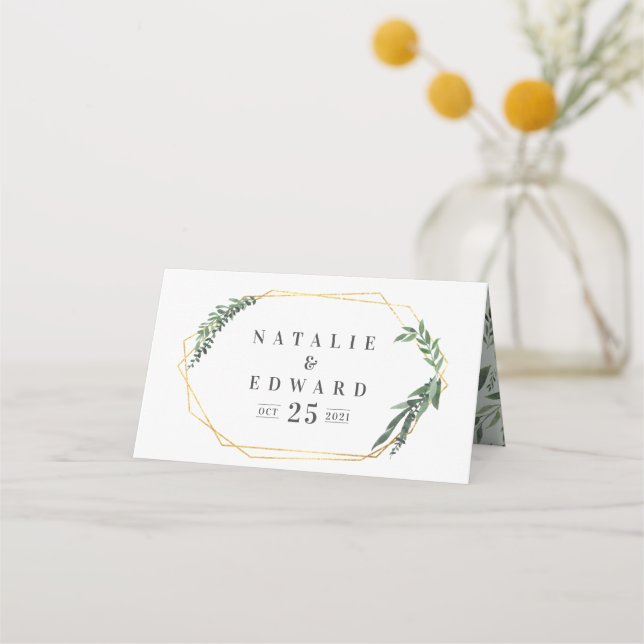 gold geometric watercolor greenery place card (Front)