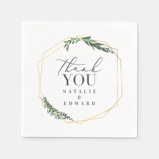 gold geometric watercolor greenery wedding napkin (Front)