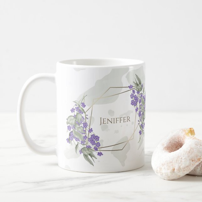 Gold geometric watercolor leafy flower frame       coffee mug (With Donut)