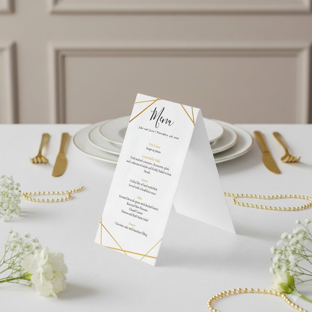 Gold geometric wedding reception menu table top (Geometric gold wedding menu)