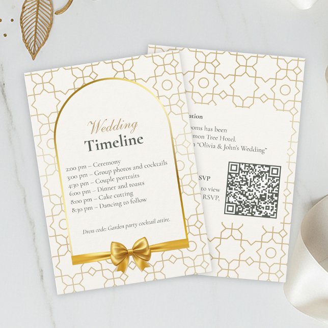 Gold Geometric Wedding Timeline Cards with QR Code (Gold & Ivory Geometric Art Deco Wedding Timeline Card)