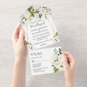Gold Geometric White Hydrangea Floral Wedding All In One Invitation