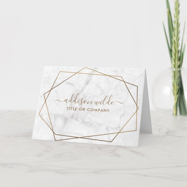 Gold Geometric White Marble Business Thank You Card (Front)