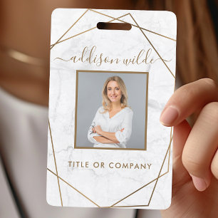 Gold Geometric White Marble Modern Photo ID ID Badge