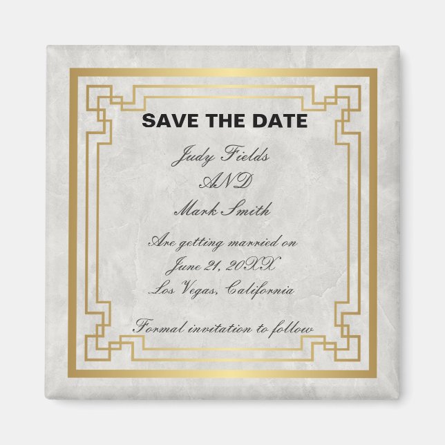 Gold Geometric White Marble Wedding Save The Date Magnet (Front)