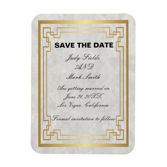 Gold Geometric White Marble Wedding Save The Date Magnet (Vertical)
