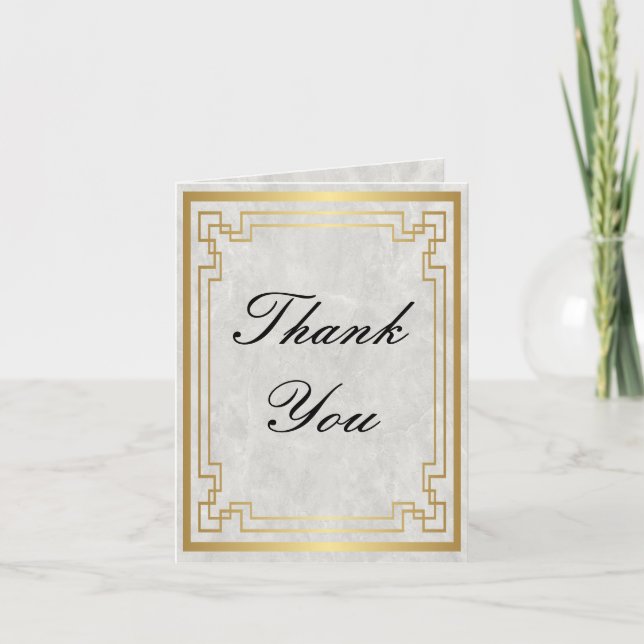 Gold Geometric White Marble Wedding Thank You Card (Front)