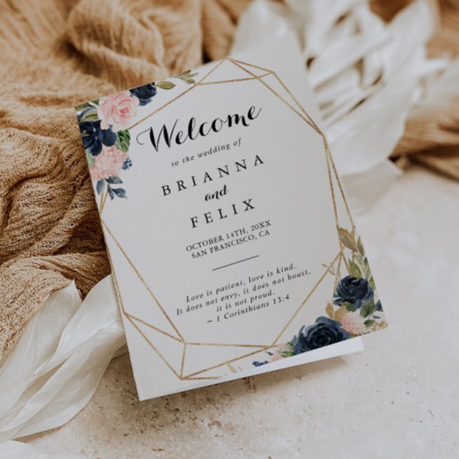 Gold Geometric Winter Floral Folded Wedding Programme (Creator Uploaded)