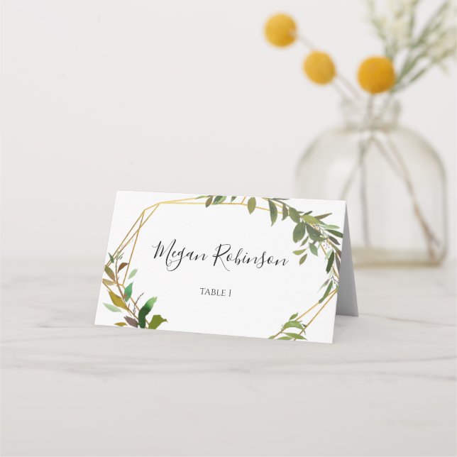 Gold Geometrics Greenery Wedding Tent Place Card (Front)