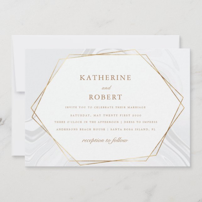 gold geomtric marble Wedding Invitation (Front)