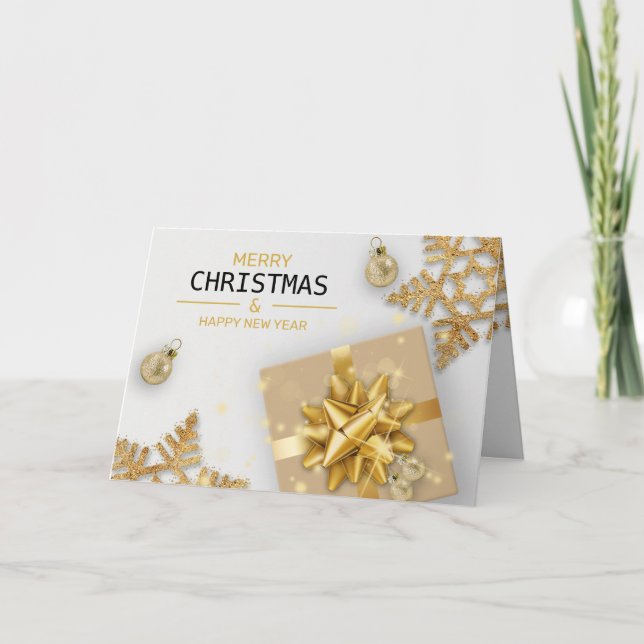Gold Gift Box Christmas Balls Gold Snowflakes Card (Front)