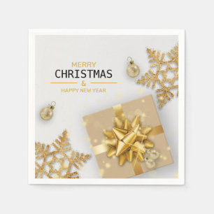 Gold Gift Box Christmas Balls Gold Snowflakes Napkin