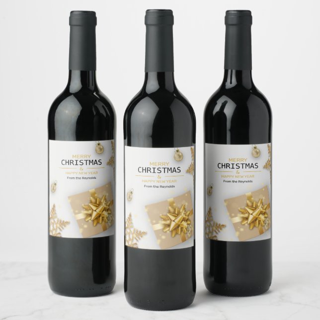 Gold Gift Box Gold Snowflakes Christmas Balls Wine Label (Bottles)