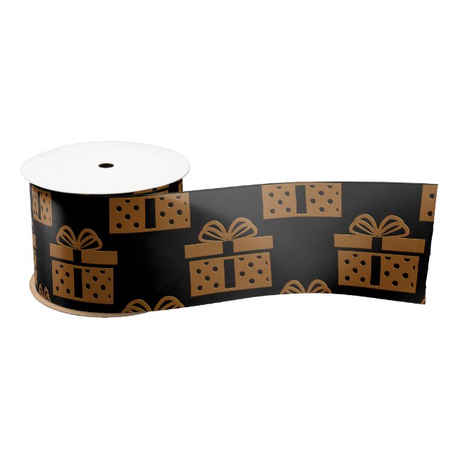Gold Gift Boxes on Black Christmas Satin Ribbon (Spool)