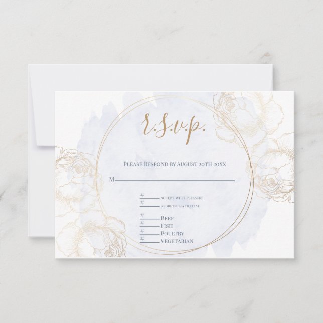 Gold Gilded Rose on Dusty Blue RSVP Card (Front)